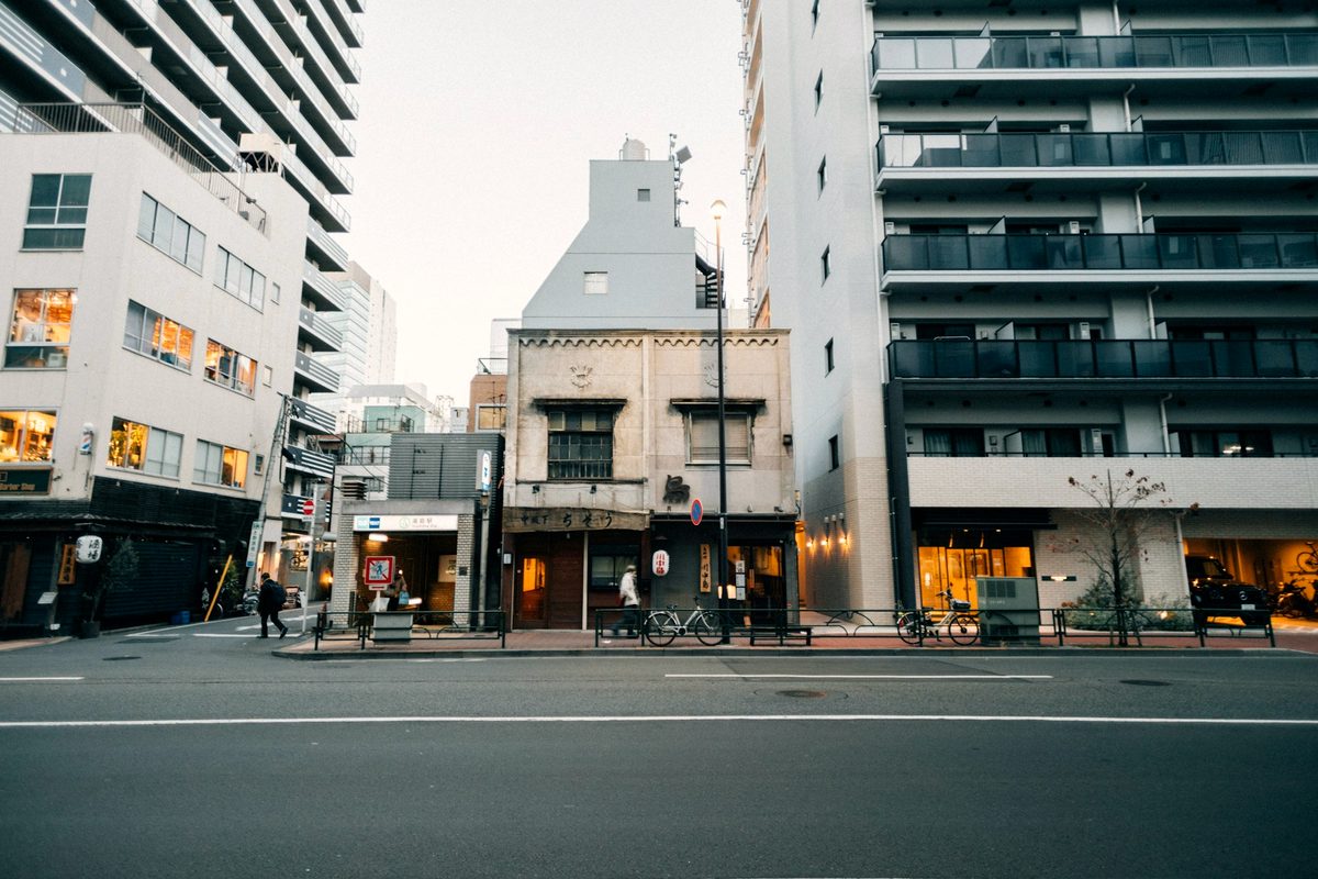 Urban streetscape with a diversified mix of low-rise commercial buildings