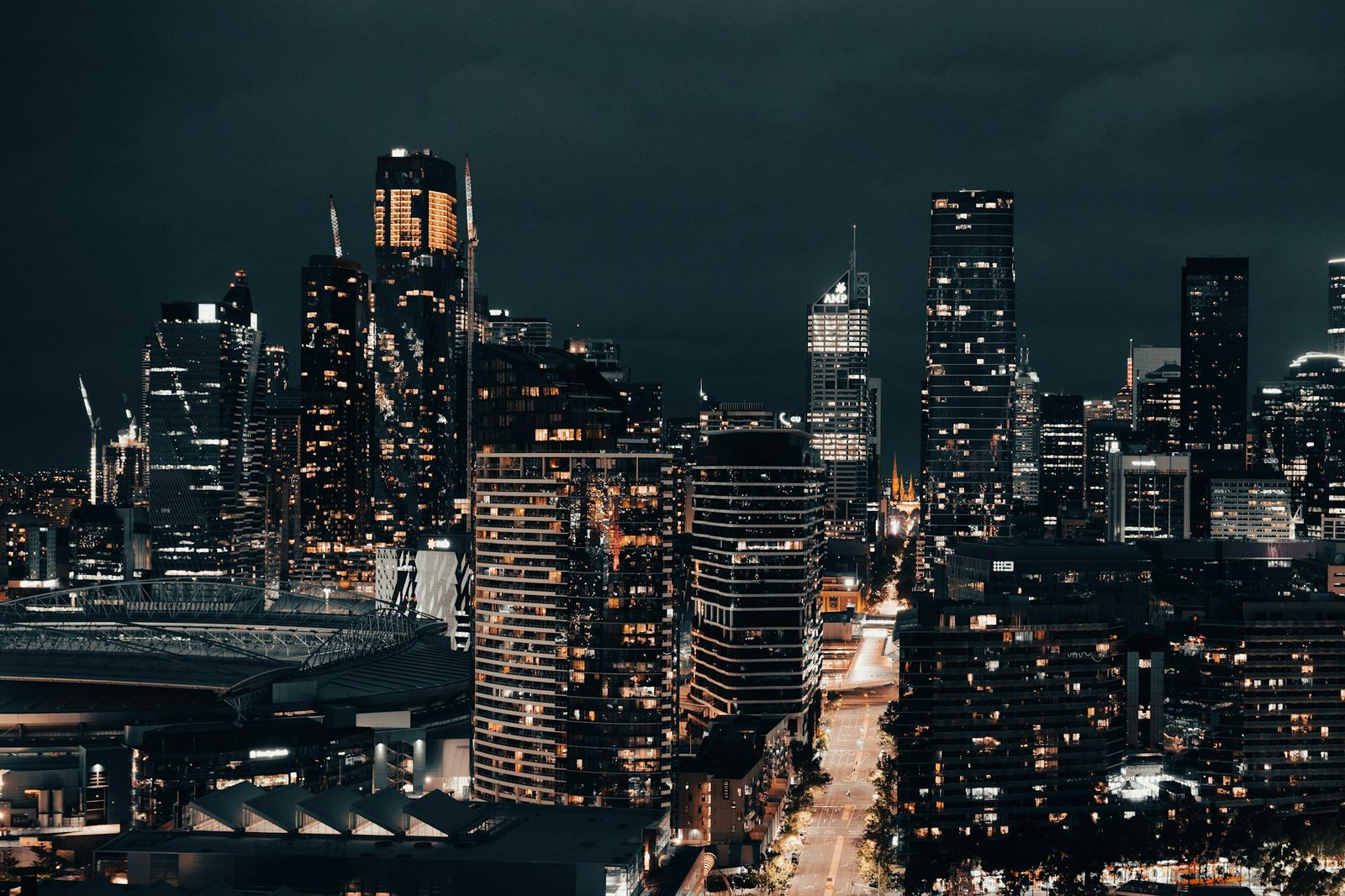 Melbourne CBD office towers lit up at night